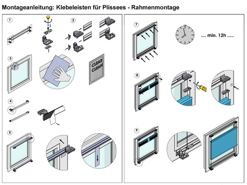 Klebeleisten für Plissees - Klebeleistenset inkl. Spannschuhen und Trägern - bohrfreie Montage am Aluminium- oder Kunststofffenster - bis zu einer Breite von 150 cm - ps QUICKFIX (z)